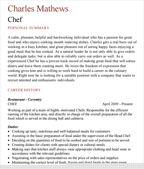 Enhance Your Culinary Career with Free Chef Resume Templates Microsoft Word