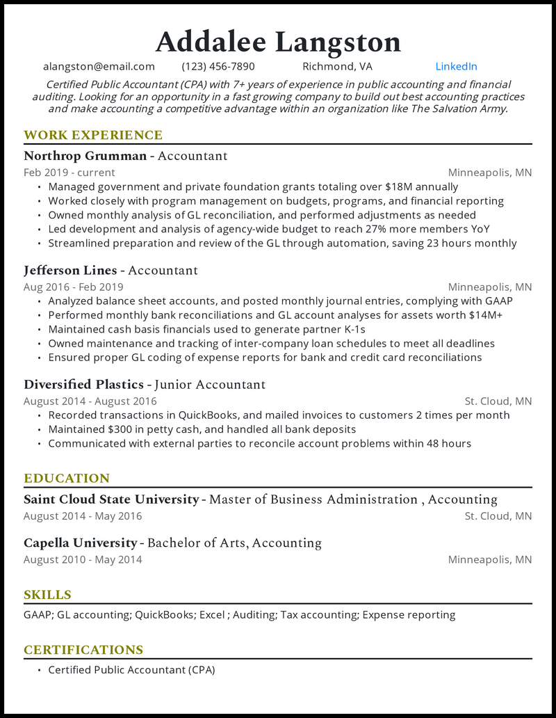 Top 10 Good Resume Examples Accounting to Help You Land Your Dream Job