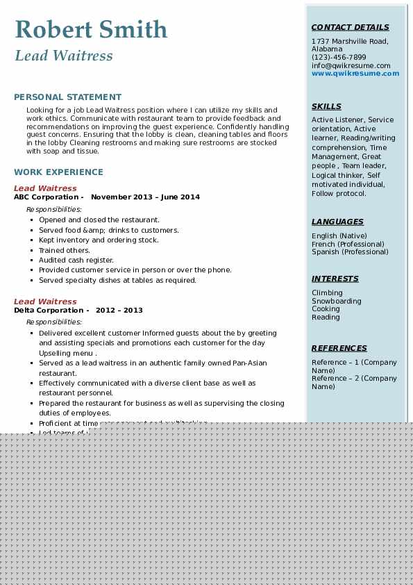 Crafting an Impressive Lead Waitress Resume: Tips and Examples for Success