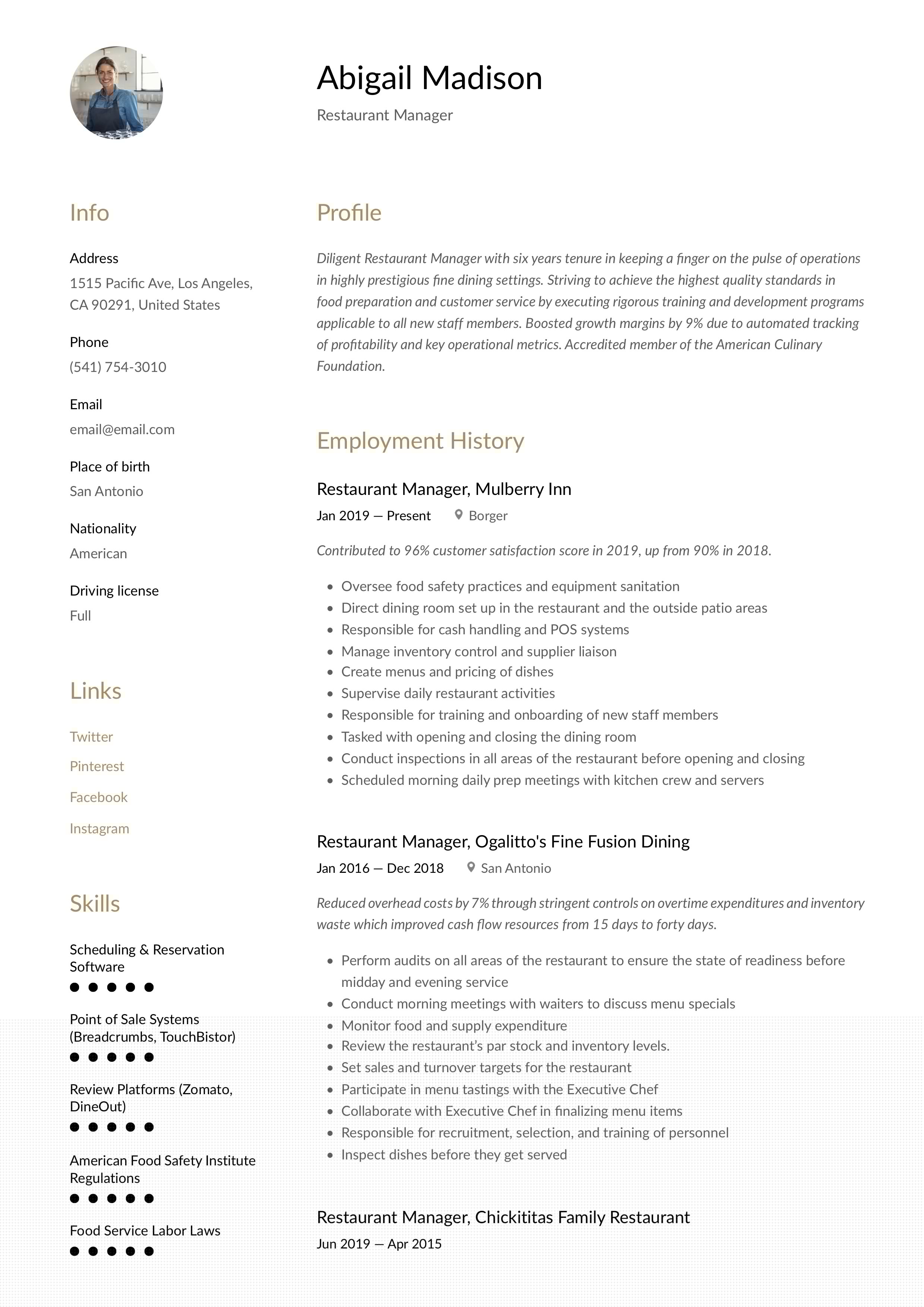 Crafting the Perfect Restaurant Manager One Page Resume: Tips and Templates