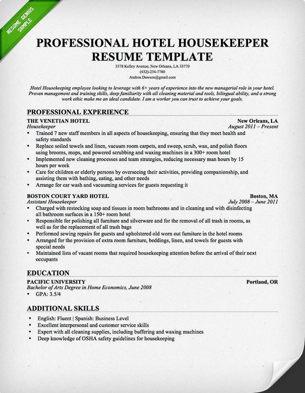 Essential Tips and Template: Sample Resume Housekeeping Position